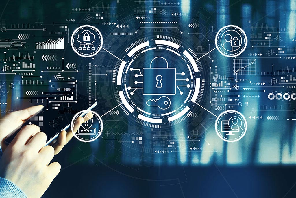 Password security graphic with person on mobile phone and hologram appears with different password security icons including padlocks