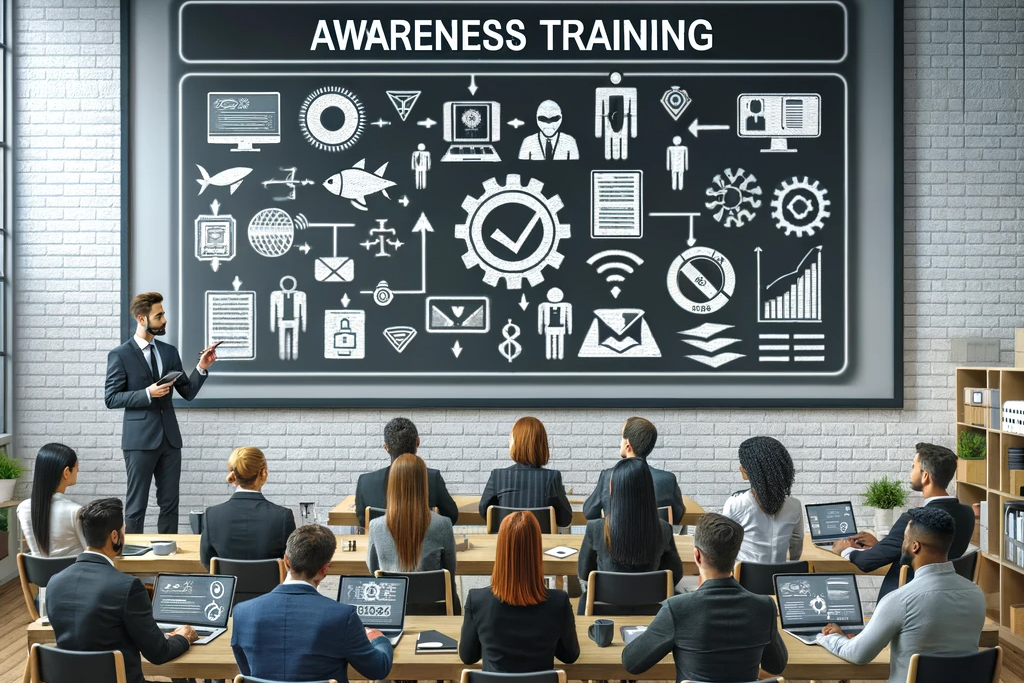 Group of people in a meeting room looking at a board that reads "Awareness Training"
