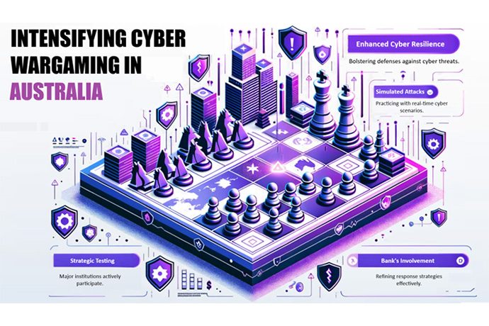3d design of a chess board with the title "intensifying the cyber wargame in australia"