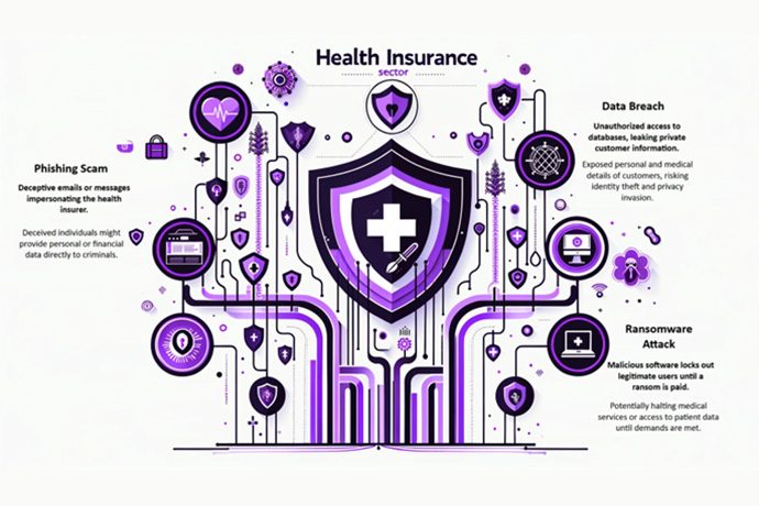 3d image of a diagram with the title "health sector" and a number of icons related to cybersecurity and data breach