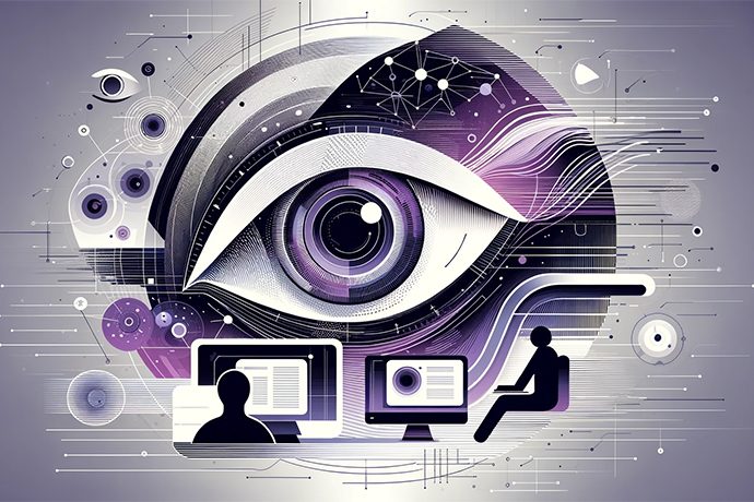 Image of a digital eye with people at computers looking at the eye.
