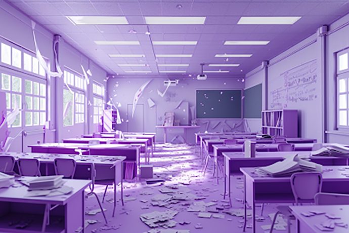Empty classroom in a mess with papers all over the floor.