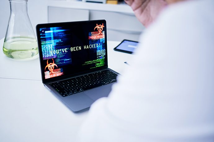 Hacked, laptop or scientist with cyber security attack, virus problem or 404 glitch in laboratory. Screen, password mistake or medical worker with research trouble, software spam or ransomware danger